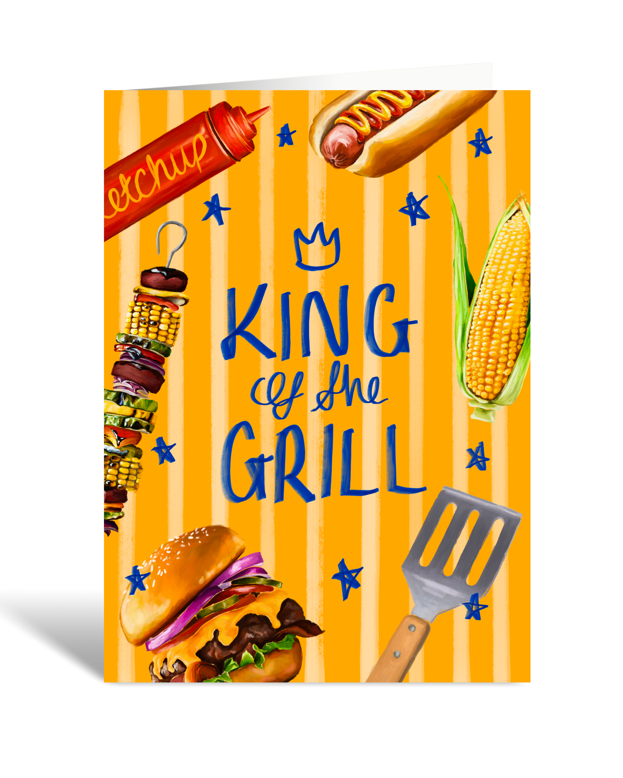 Greeting card with grill-themed illustrations and 'King of the Grill' text on a yellow striped background.