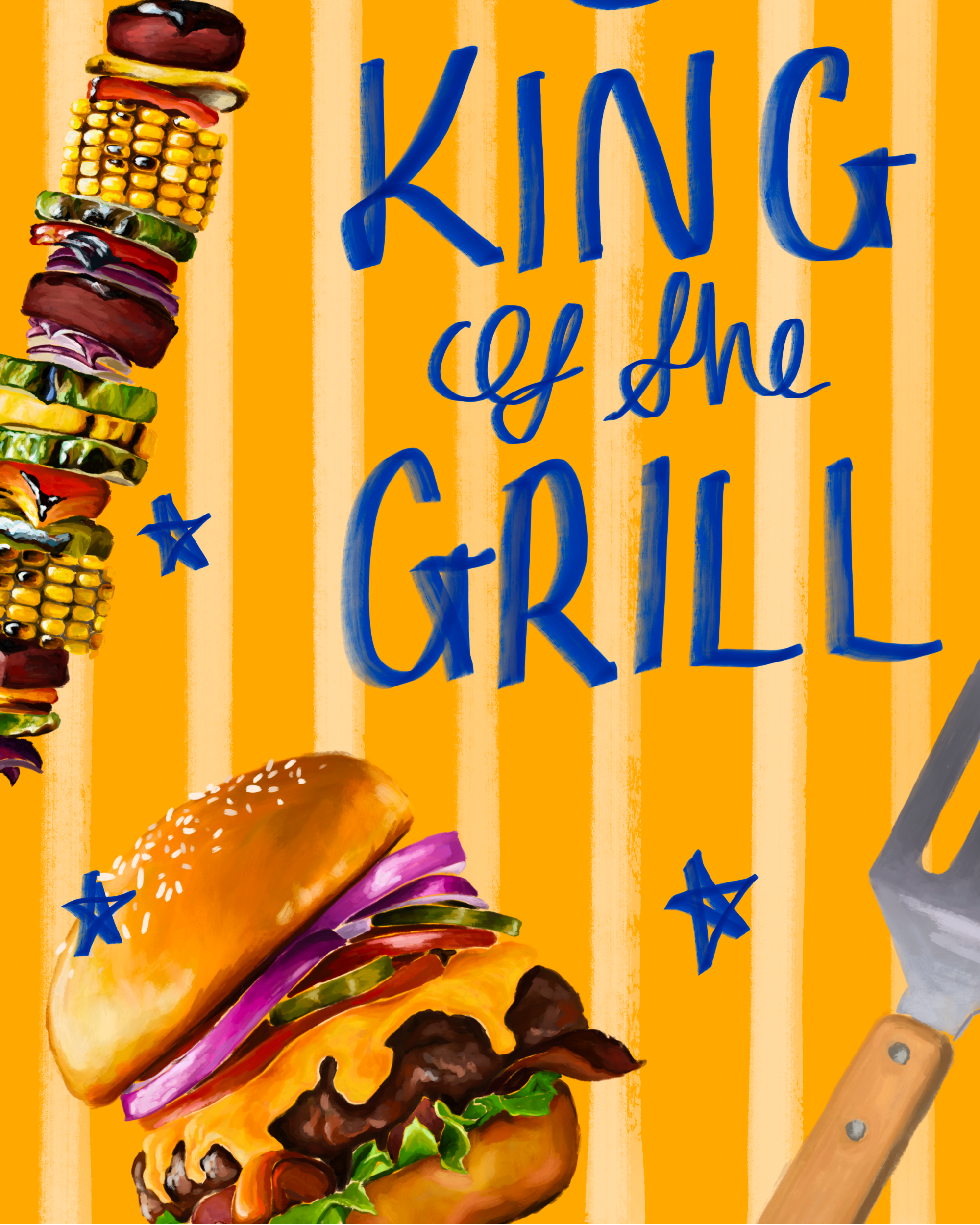 Fathers day card with illustration of a burger, skewer, and grill fork with 'King of the Grill' text on an orange background
