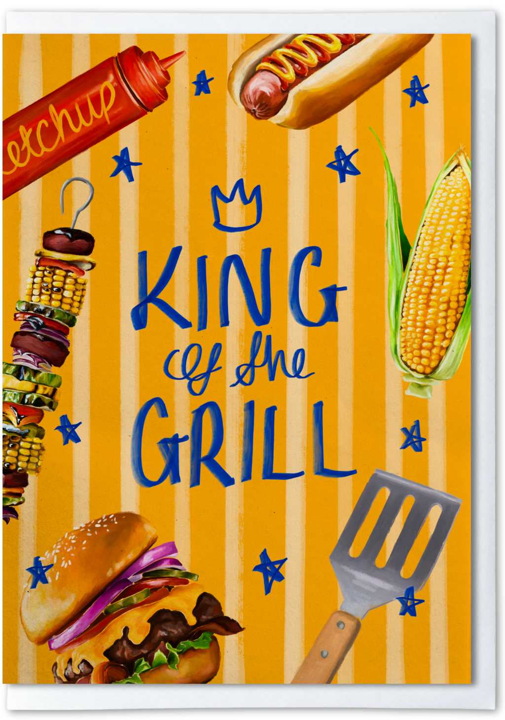 Fathers day card with Illustration of grill items with 'King of the Grill' text on a yellow striped background
