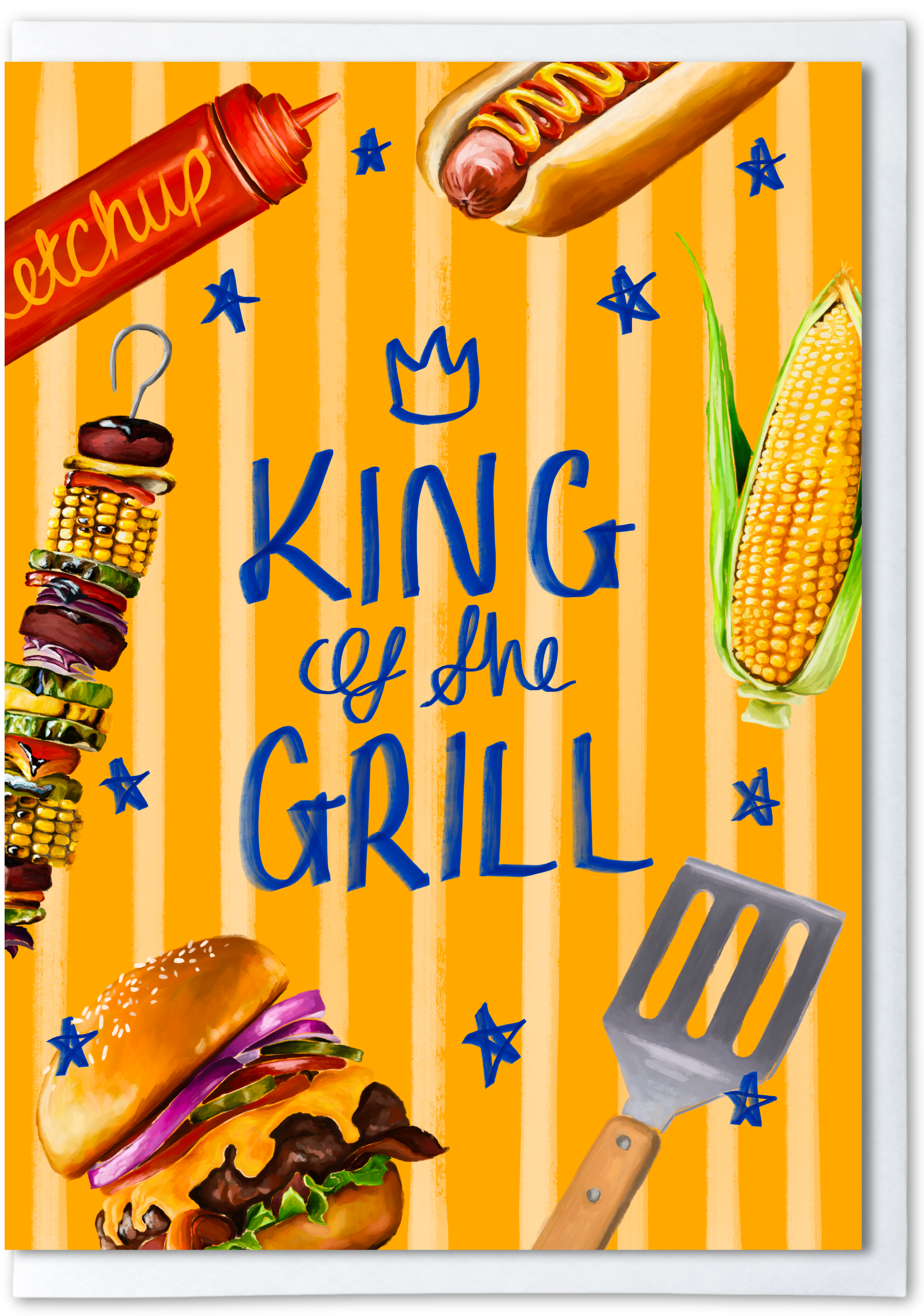 Fathers day card with Illustration of grill items with 'King of the Grill' text on a yellow striped background