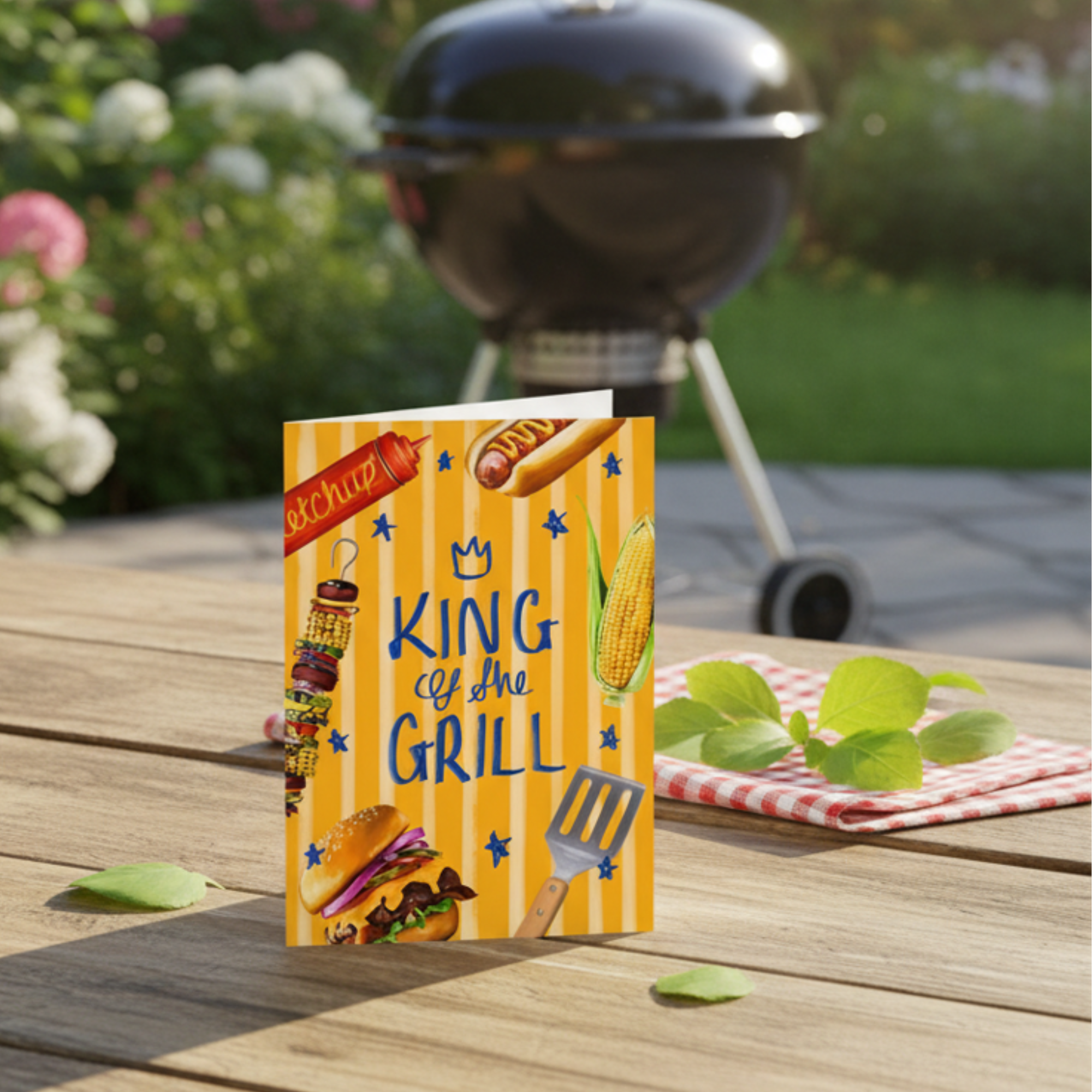 Fathers day card with Illustration of grill items with 'King of the Grill' text on a yellow striped background Displayed on a garden table in front of a bbq.