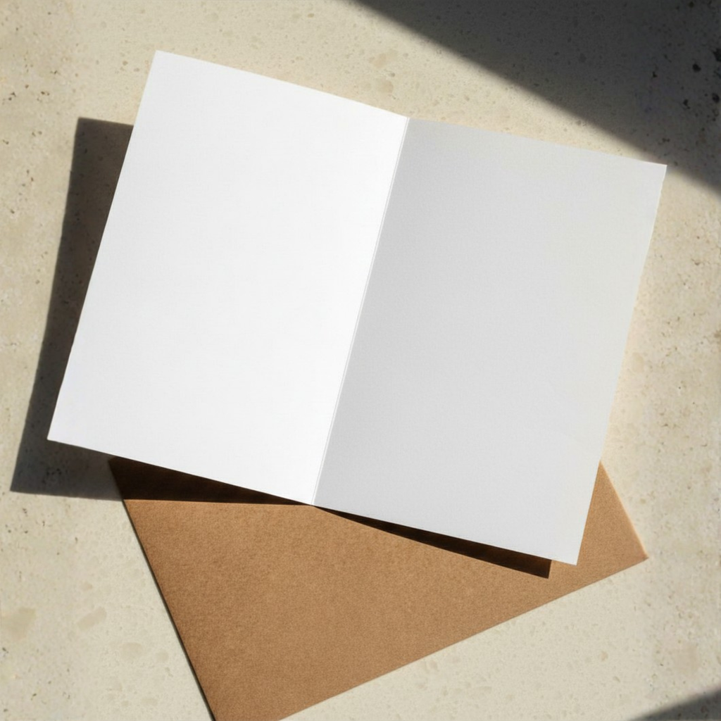 Open blank greeting card on a sunny counter with brown kraft envelope.
