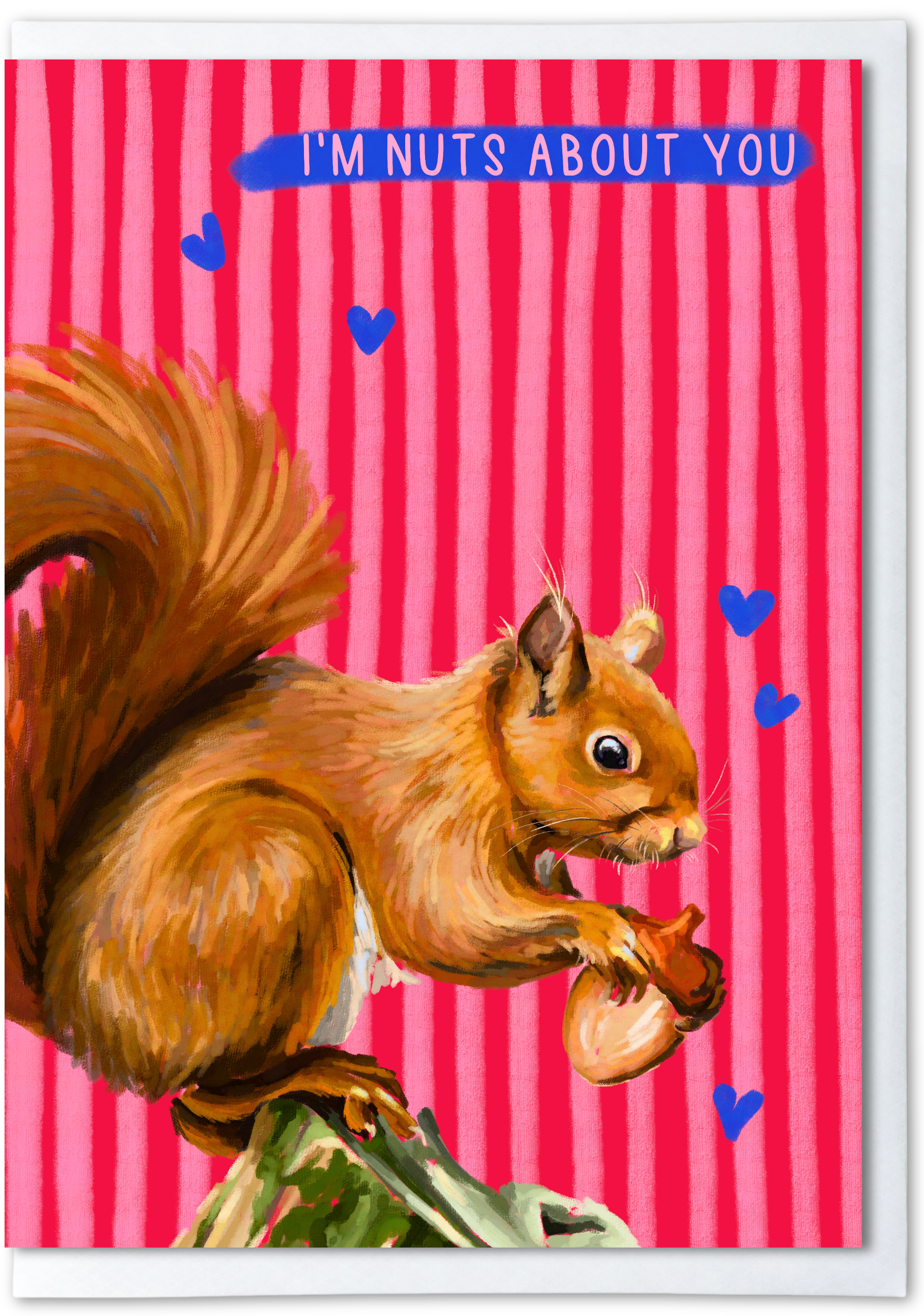 Squirrel holding a nut with 'I'm Nuts About You' text on a pink striped background