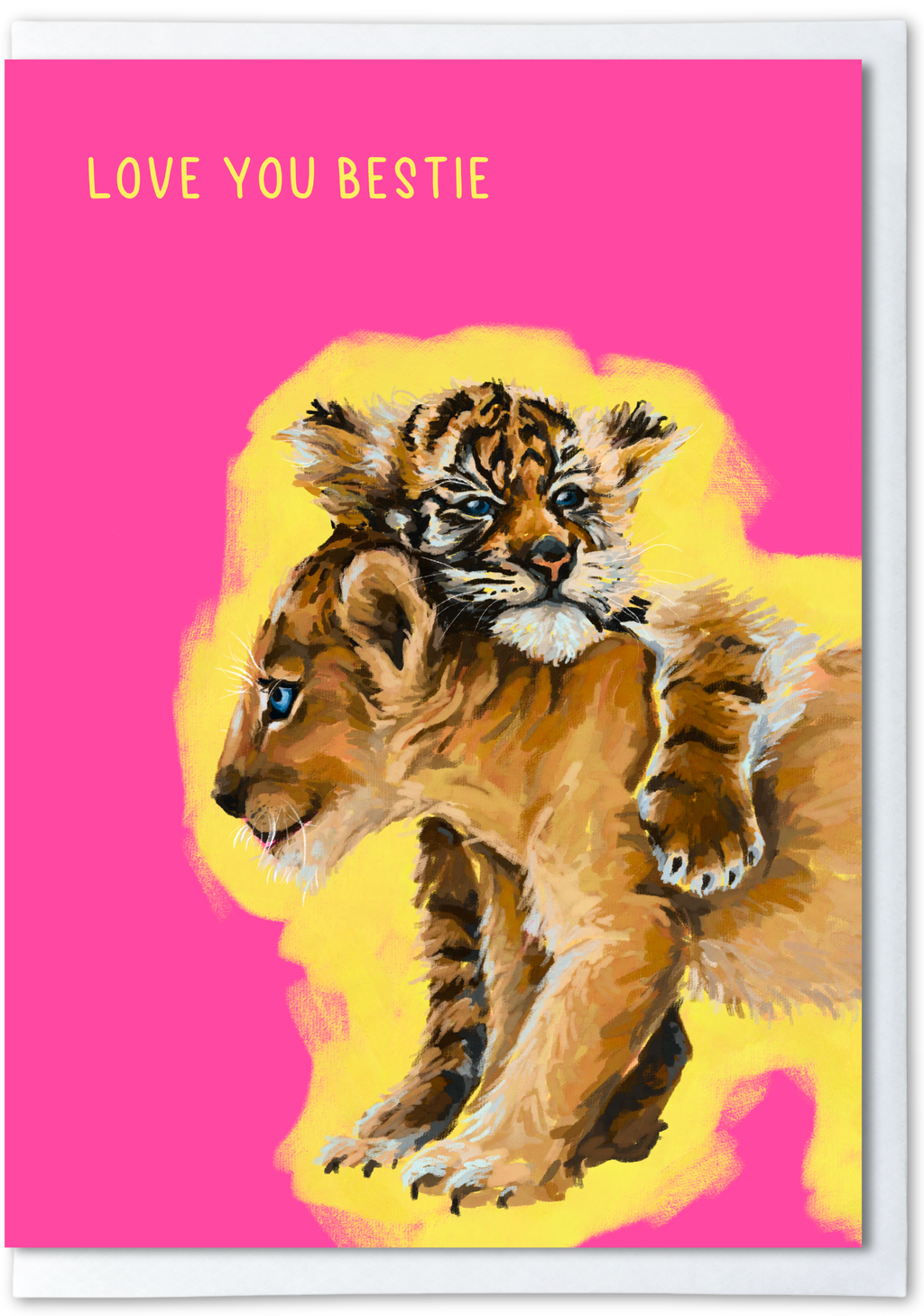 Two cubs, one lion and one tiger, on a pink and yellow background with 'LOVE YOU BESTIE' text.