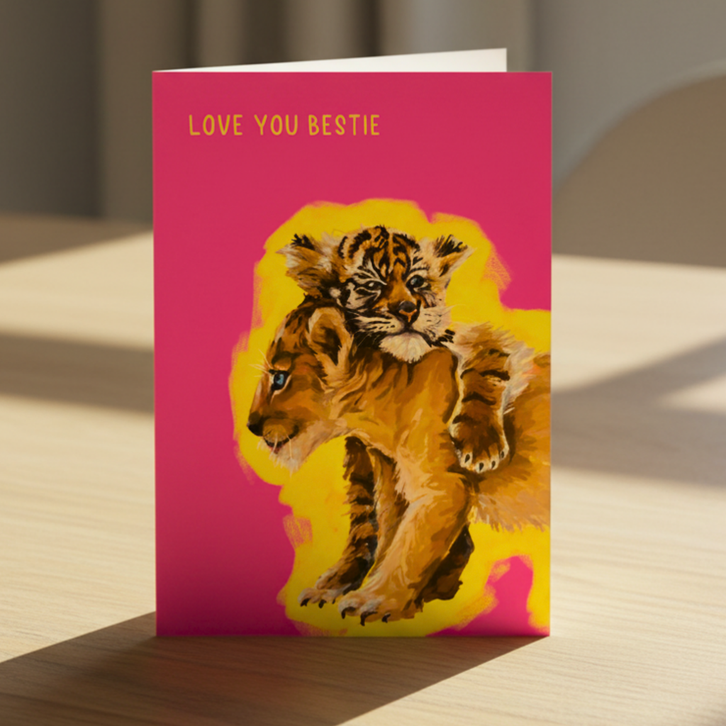 Greeting card with two tiger cubs on a pink background and 'Love You Bestie' text.