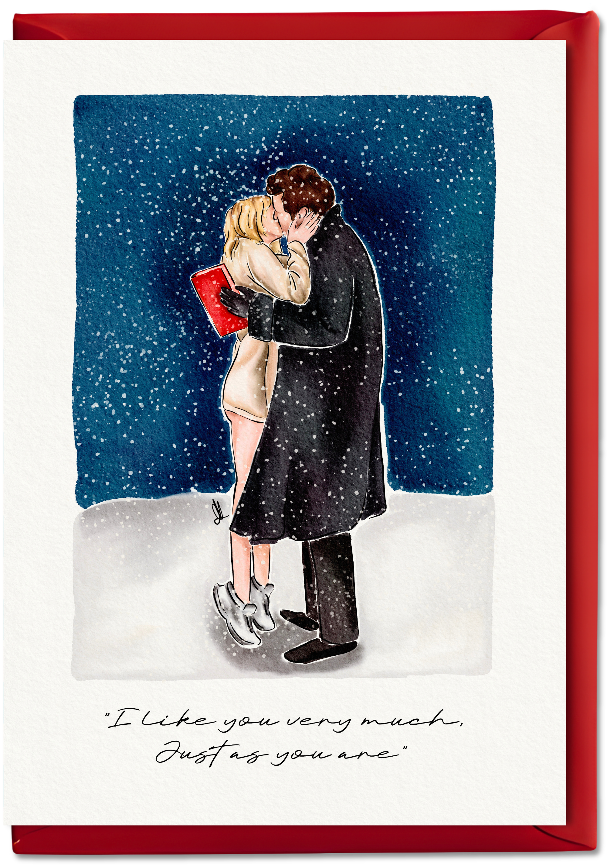 Card with illustration of a couple kissing in the snow, text 'I like you very much, just as you are'.