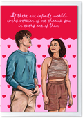 Illustration of a man and woman standing close together with hearts around them and text on a pink background.