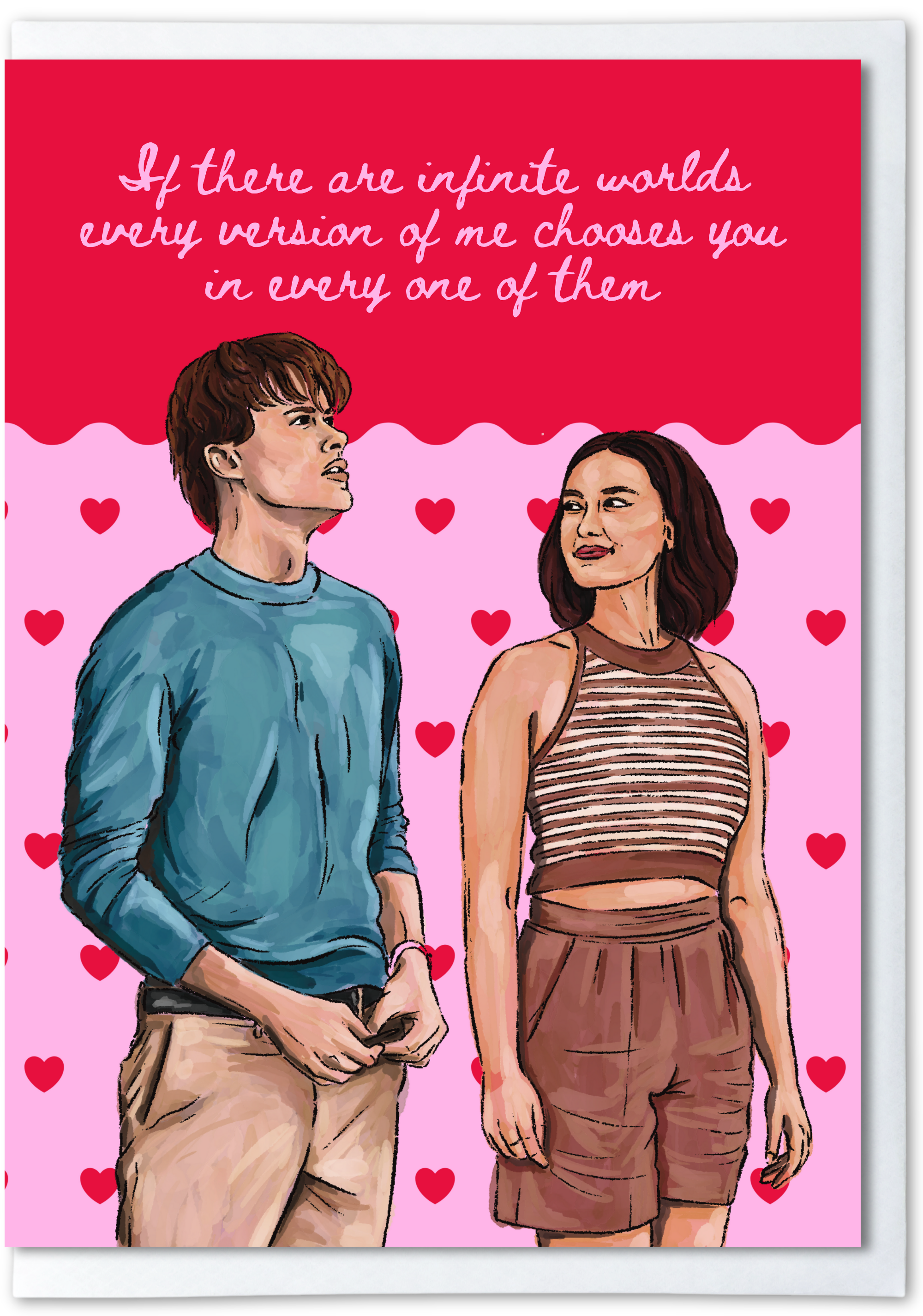 Illustration of a man and woman standing close together with hearts around them and text on a pink background.