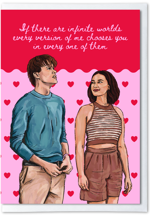 Illustration of a man and woman standing close together with hearts around them and text on a pink background.