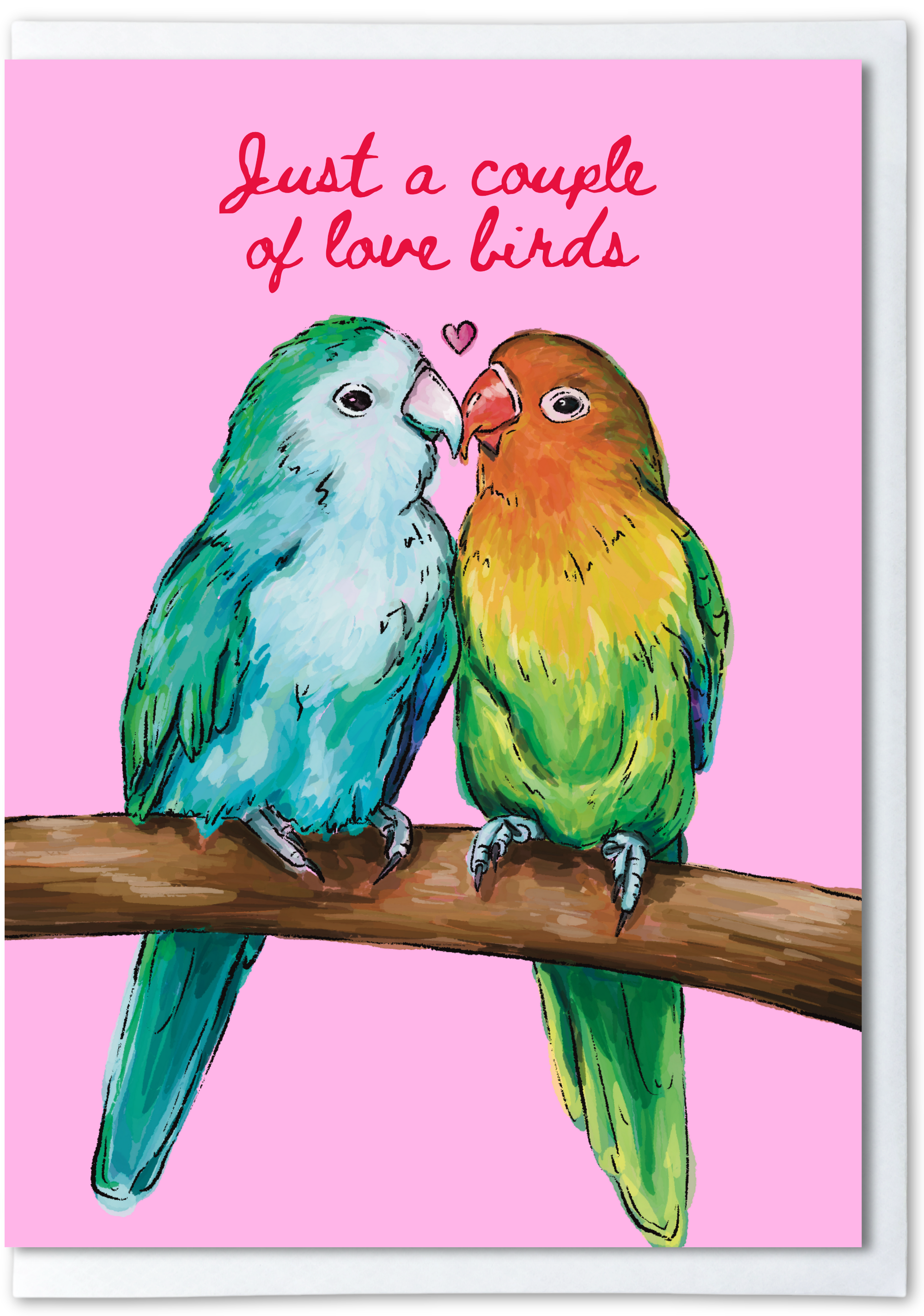 Two colorful lovebirds on a branch with 'Just a couple of love birds' text on a pink background.