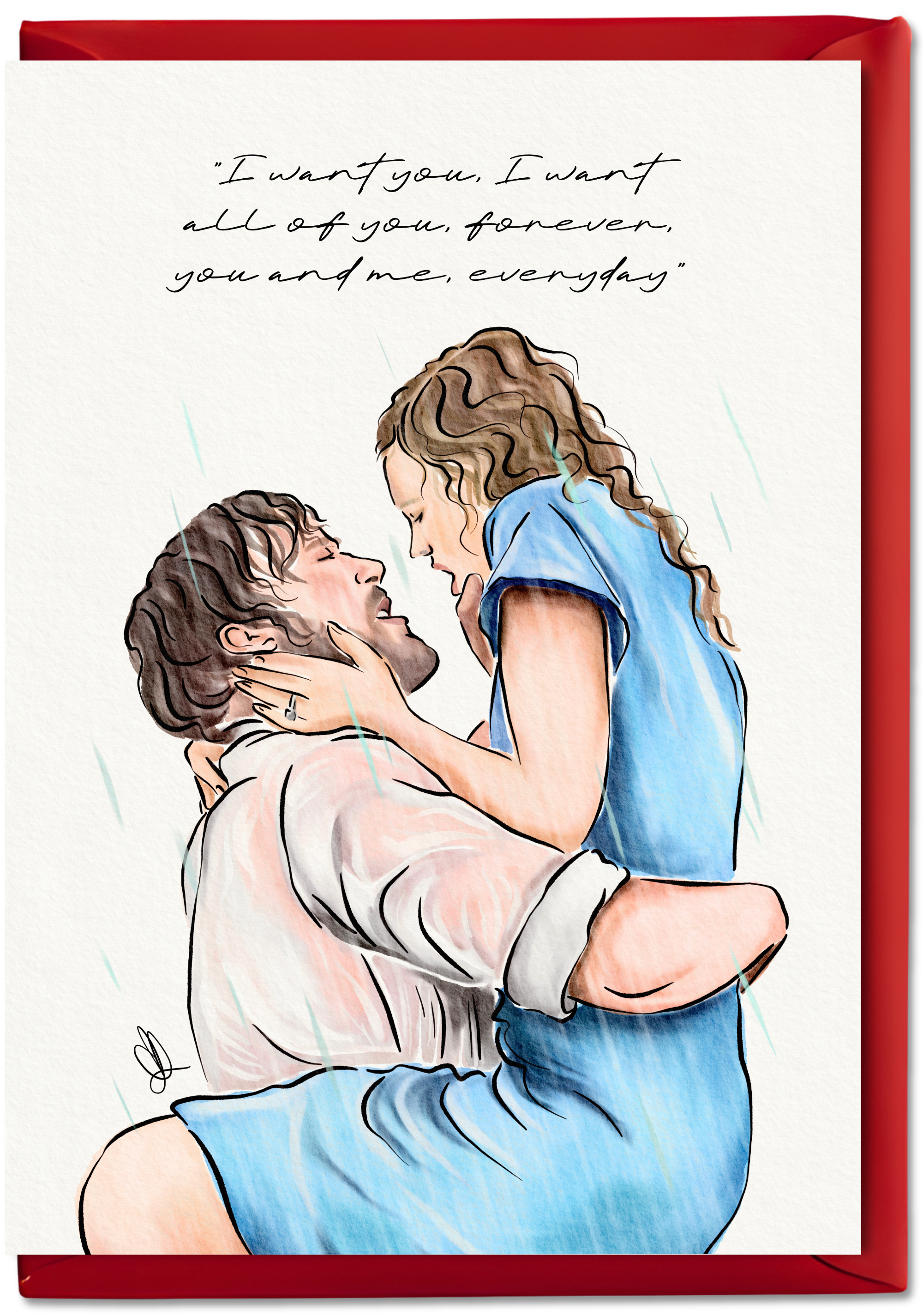Illustration of a woman embracing a man with a romantic quote above them, framed with a red border.