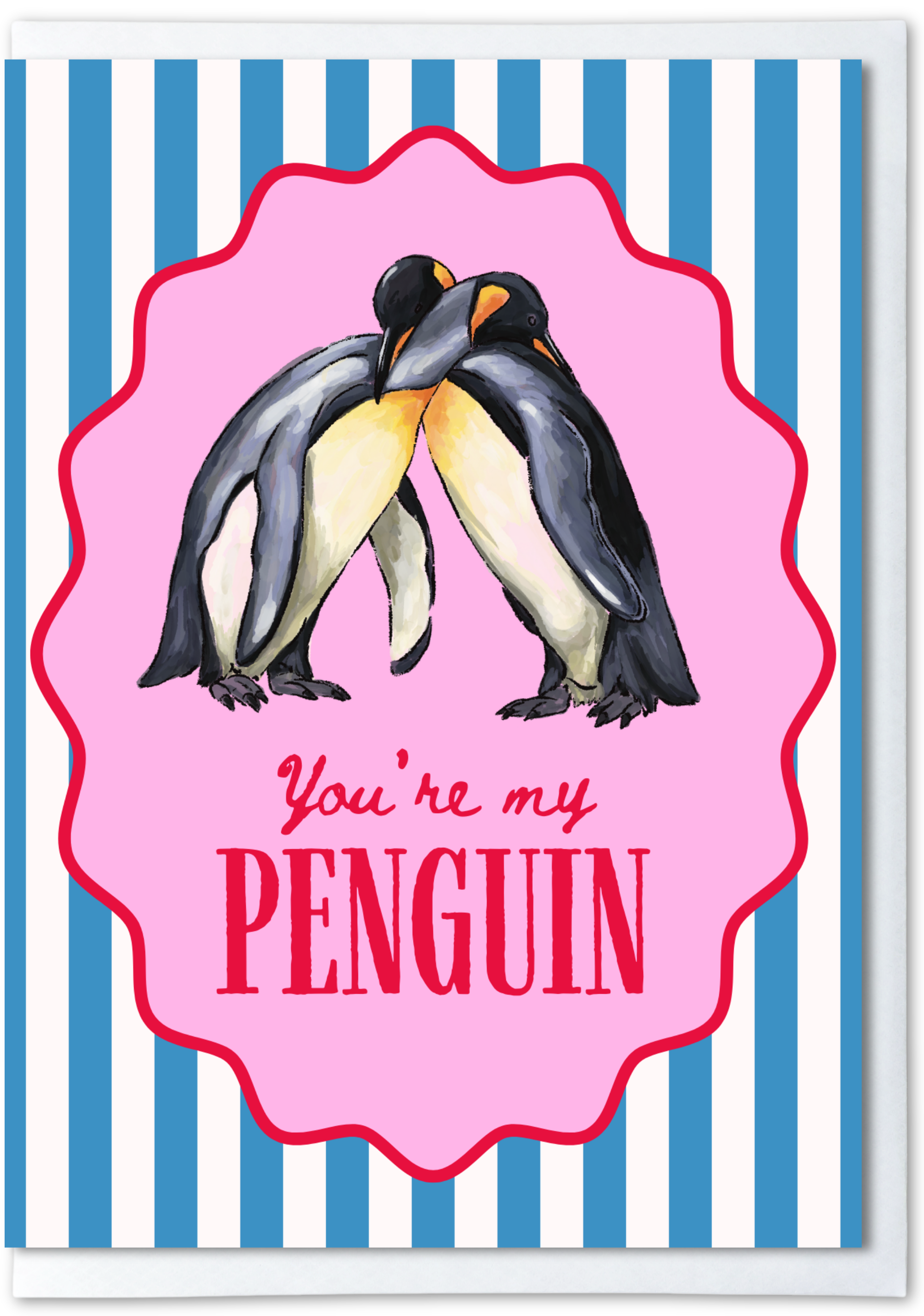 Two penguins hugging with 'You're my Penguin' text on a pink and blue striped background
