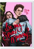 Illustration of a couple with text 'Be my Spider Monkey?' on a pink background