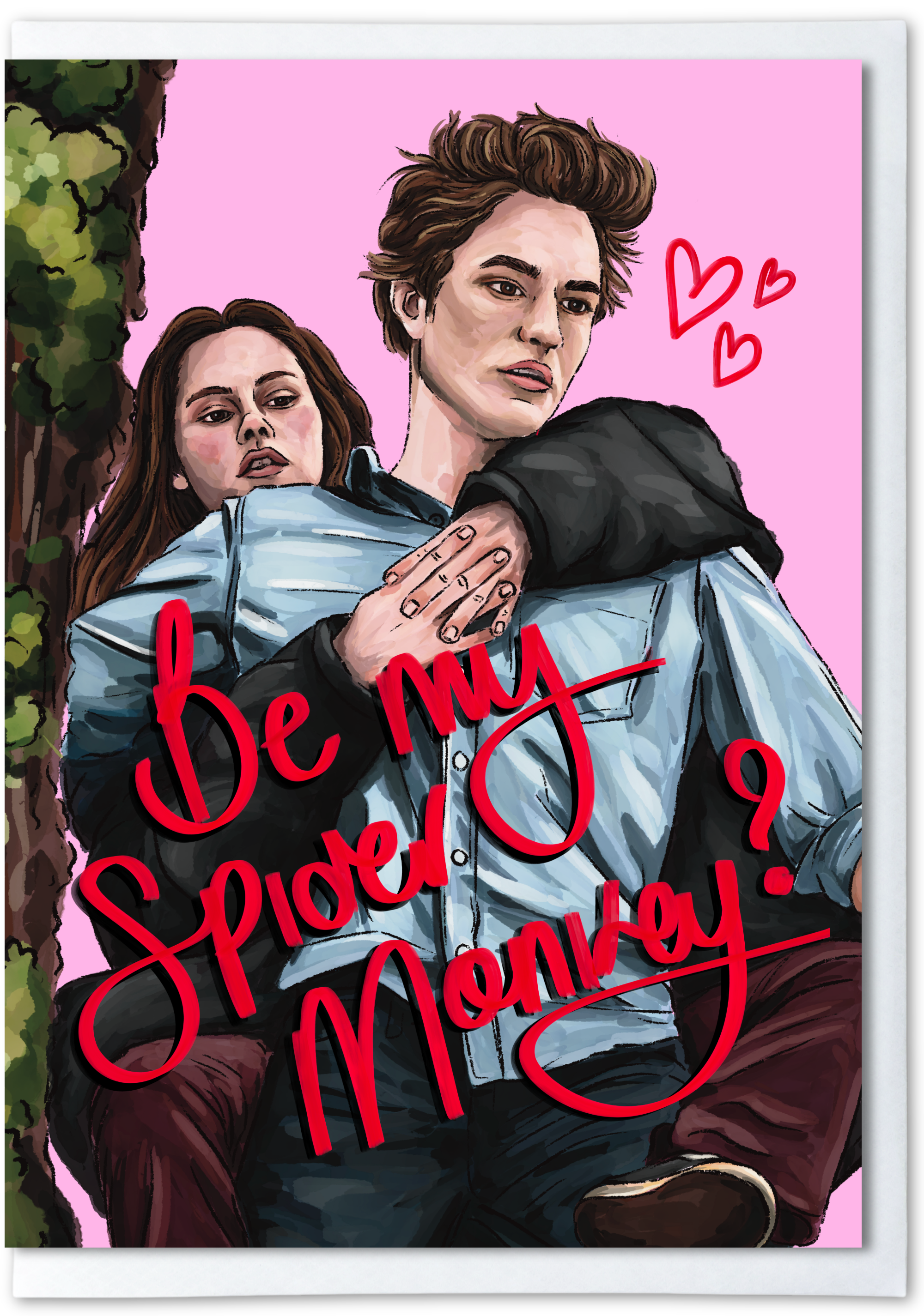 Illustration of a couple with text 'Be my Spider Monkey?' on a pink background