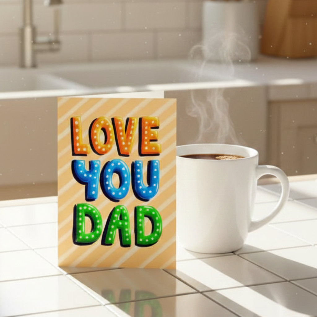 Fathers Day greeting card with colorful text 'LOVE YOU DAD' on a striped background. Displayed on a sunny kitchen counter with a mug of coffee.