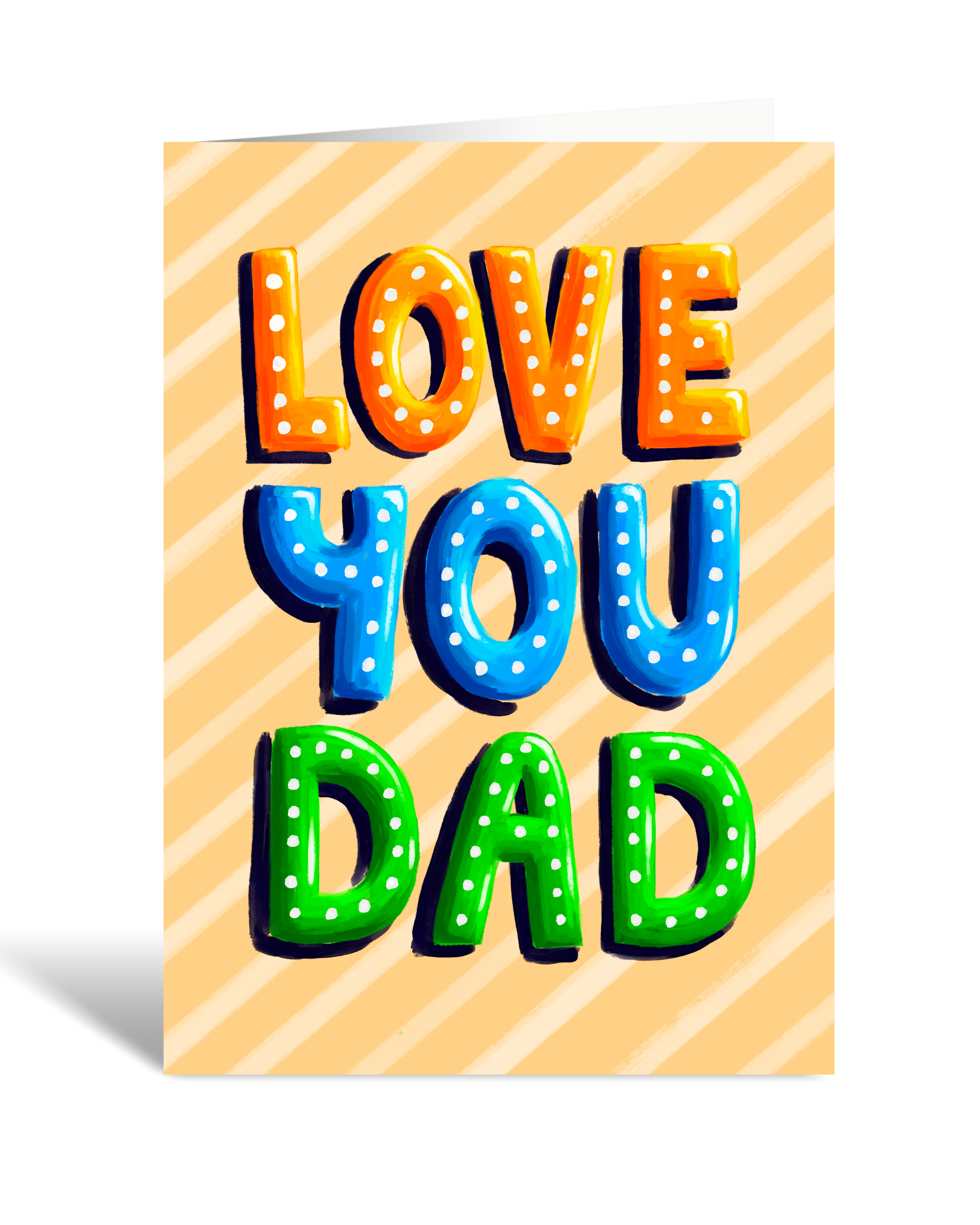 Father’s Day Card with colorful text 'LOVE YOU DAD' on a striped background