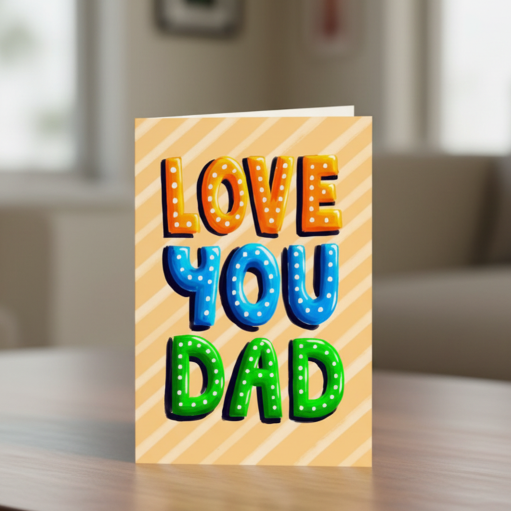 Fathers Day greeting card with colorful text 'LOVE YOU DAD' on a striped background