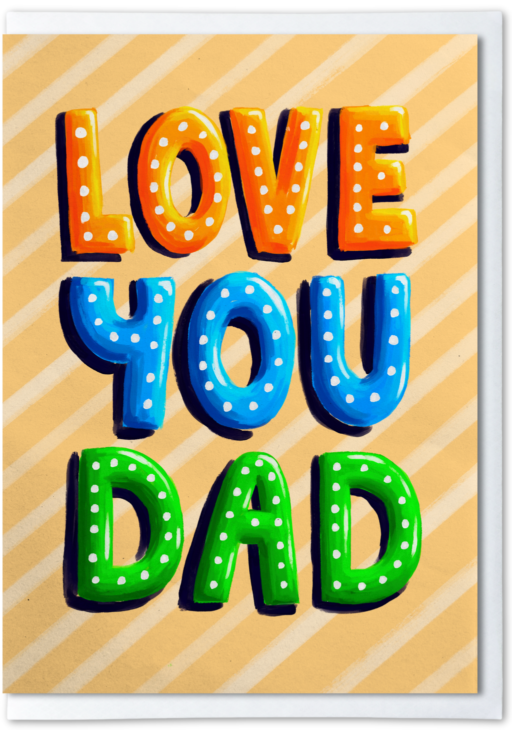 Fathers Day greeting card with colorful text 'LOVE YOU DAD' on a striped background
