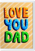 Fathers Day greeting card with colorful text 'LOVE YOU DAD' on a striped background