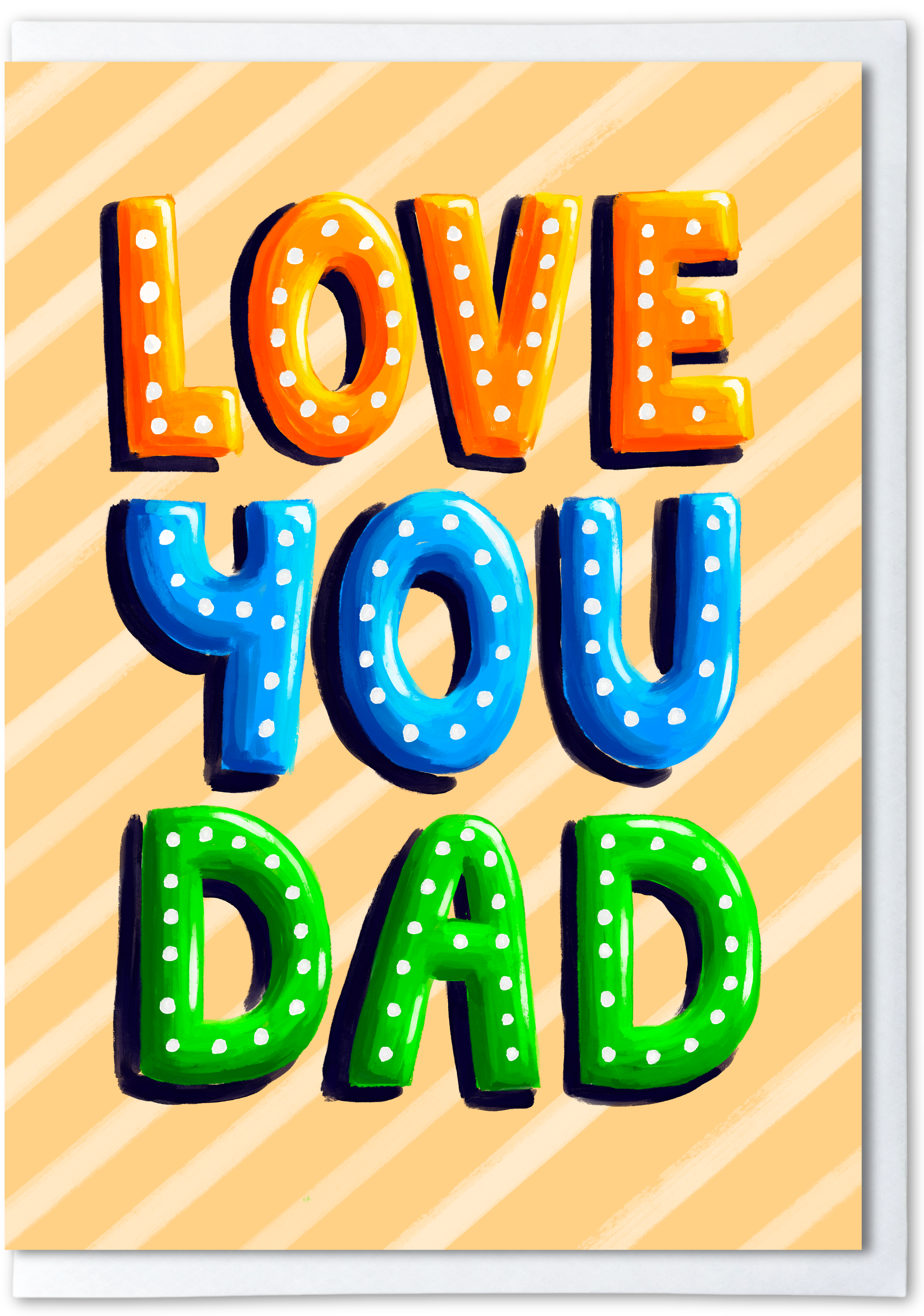 Fathers Day greeting card with colorful text 'LOVE YOU DAD' on a striped background