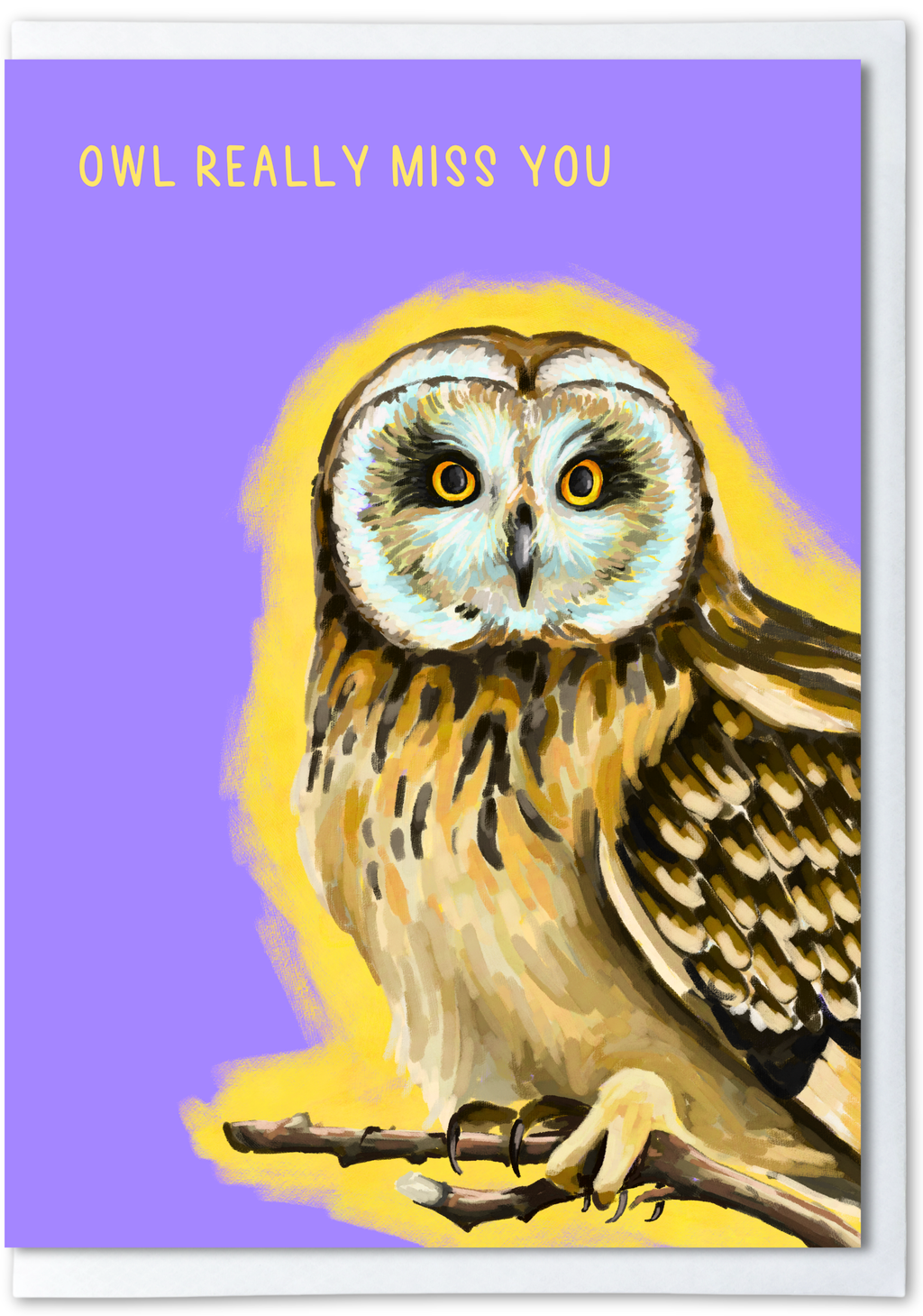 Card with an owl illustration and 'OWL REALLY MISS YOU' text on a purple background