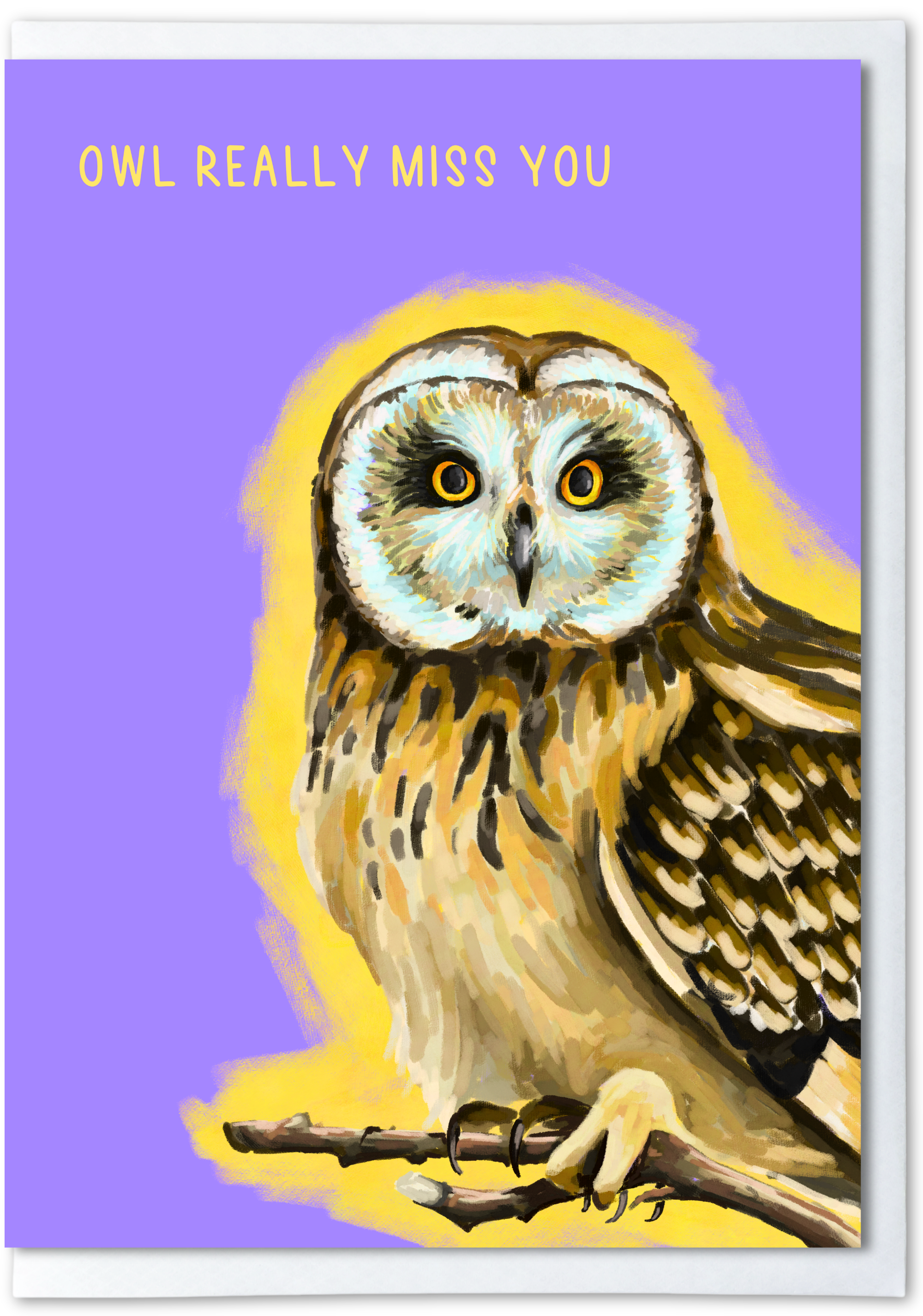Card with an owl illustration and 'OWL REALLY MISS YOU' text on a purple background