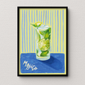 Framed artwork of a mojito cocktail with lime and mint leaves on a striped background.