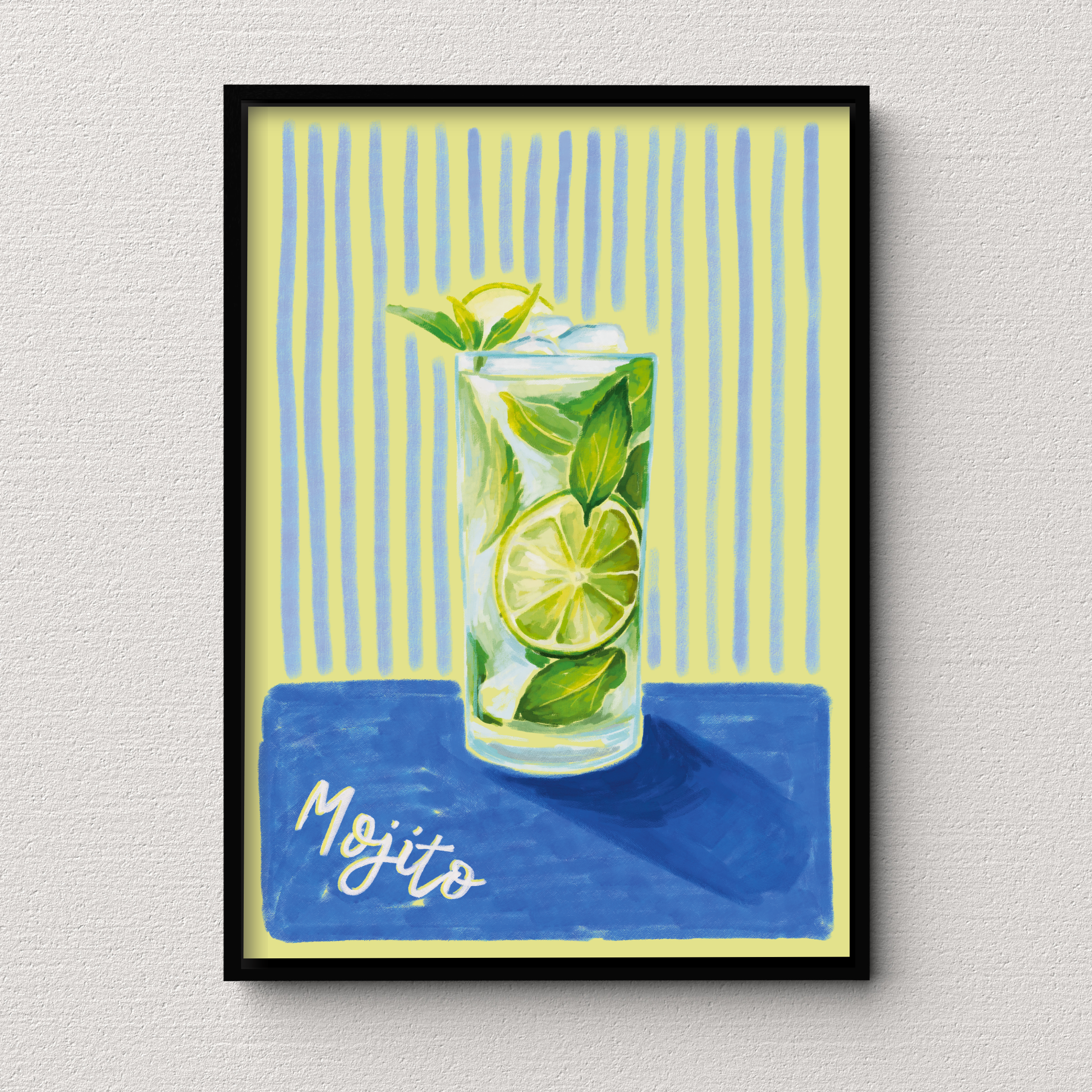 Framed artwork of a mojito cocktail with lime and mint leaves on a striped background.