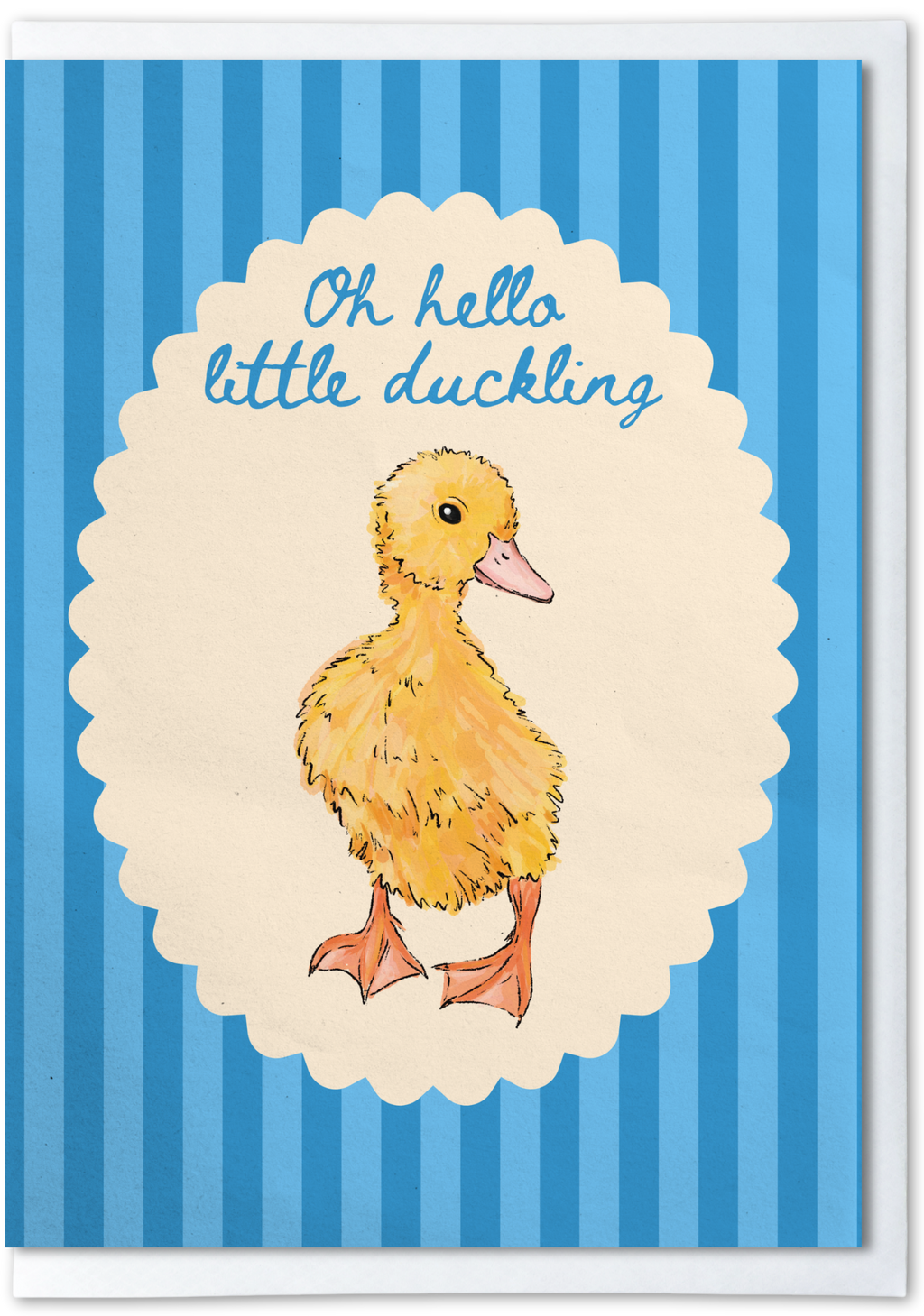 Illustration of a duckling with 'Oh hello little duckling' text on a blue striped background
