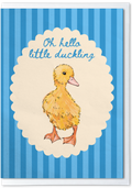 Illustration of a duckling with 'Oh hello little duckling' text on a blue striped background