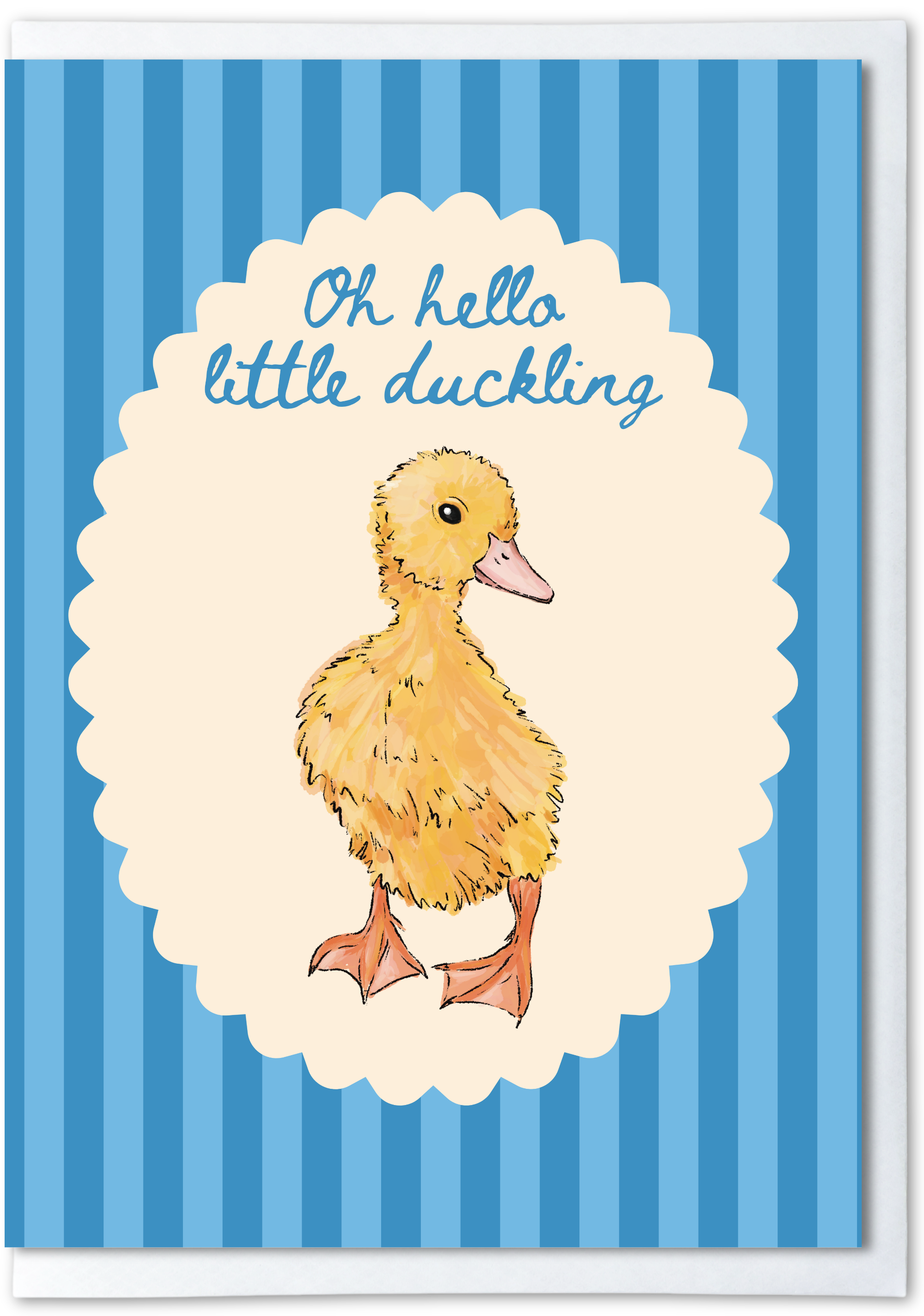 Illustration of a duckling with 'Oh hello little duckling' text on a blue striped background