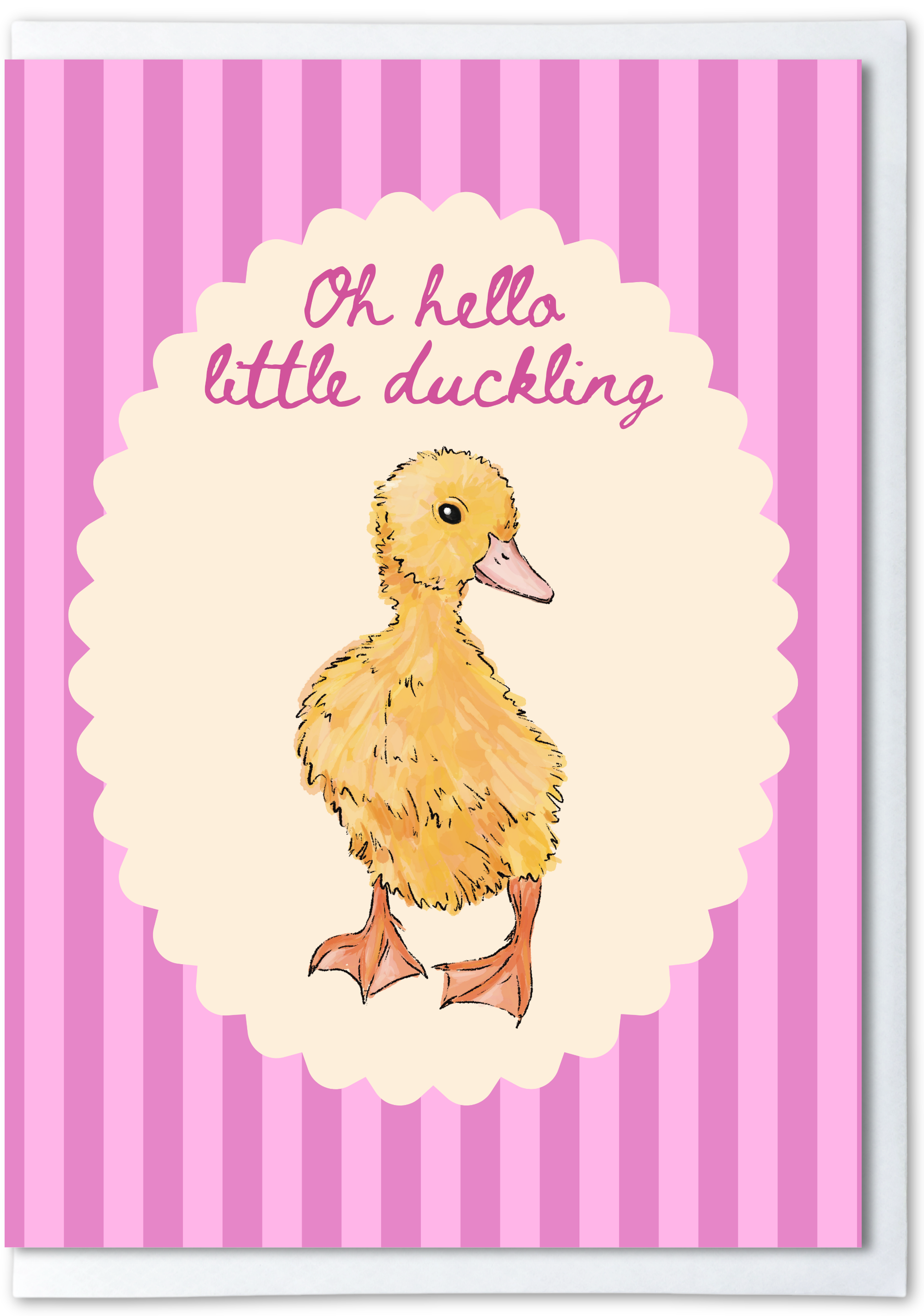 Cartoon duckling on a pink and white striped background with 'Oh hello little duckling' text.