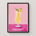 Framed artwork of a Pina Colada with pineapple slices and a straw on a pink background.