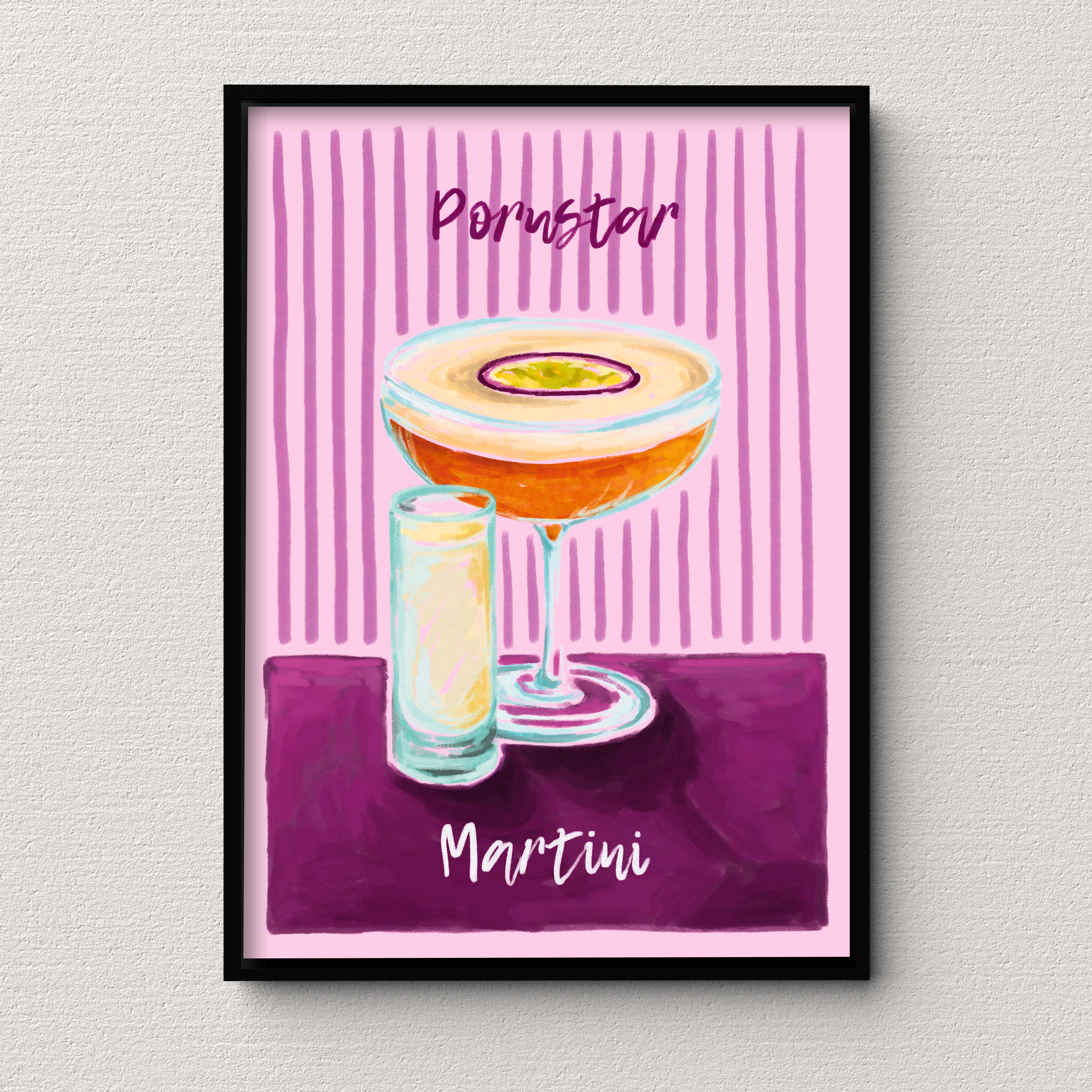 Framed artwork of a cocktail with 'Pomustar Martini' text on a pink and purple striped background.