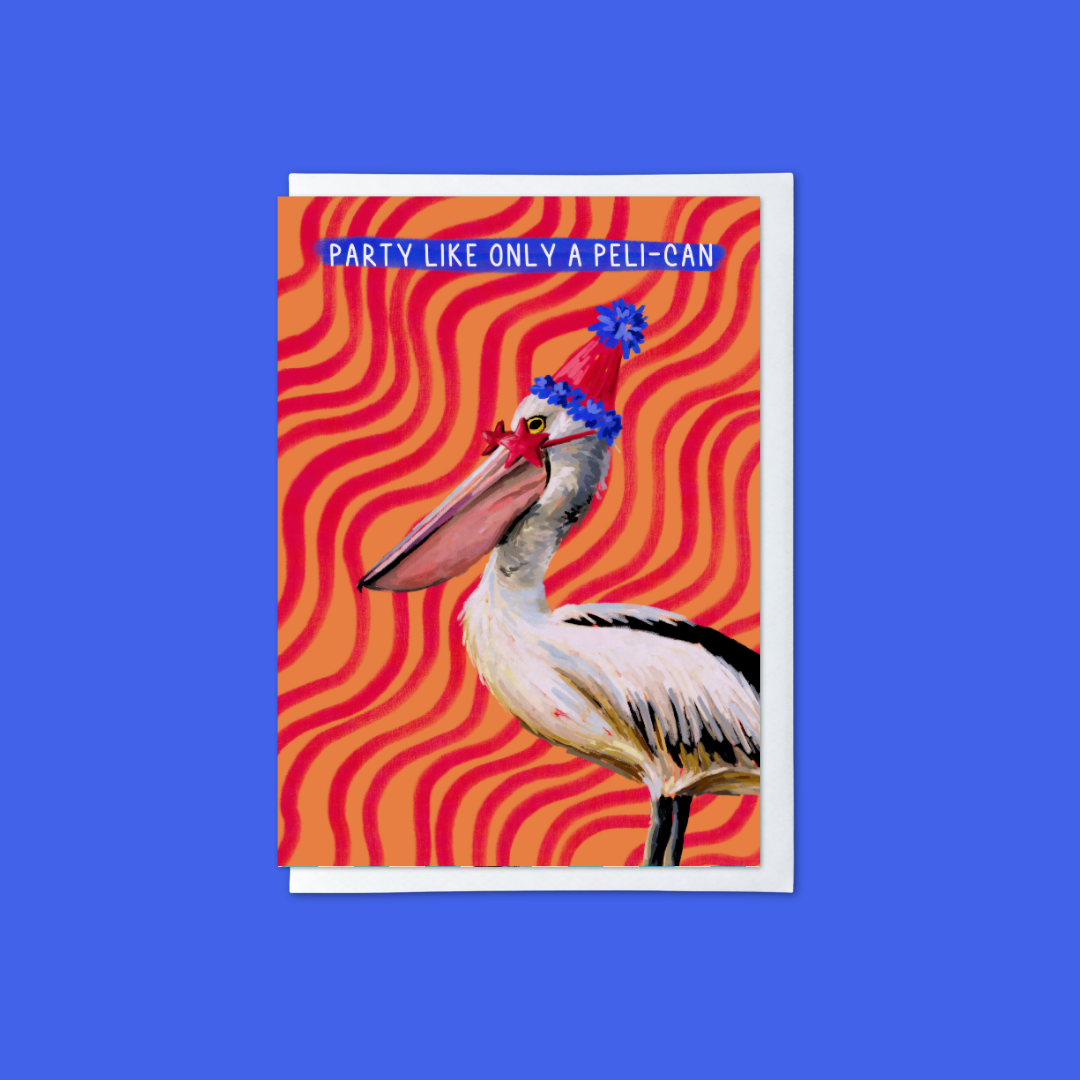red and orange striped greeting card with pelican in a party hat illustration and ‘party like only a peli-can’ message