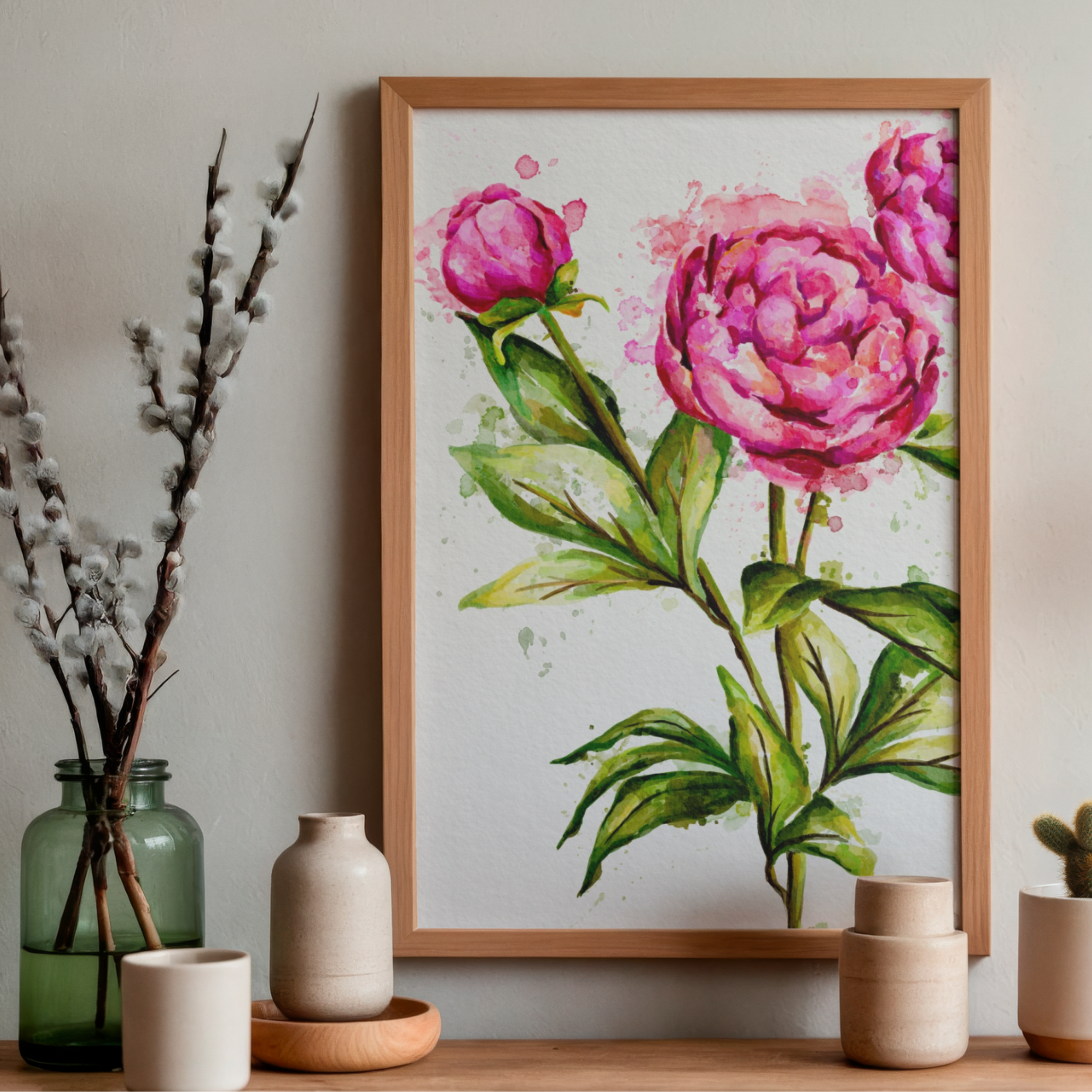 framed art print of pink peonies in a watercolour style