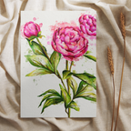 Floral painting of pink flowers and green leaves on a beige fabric background