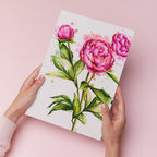 hands holding an art print of pink watercolour peonies