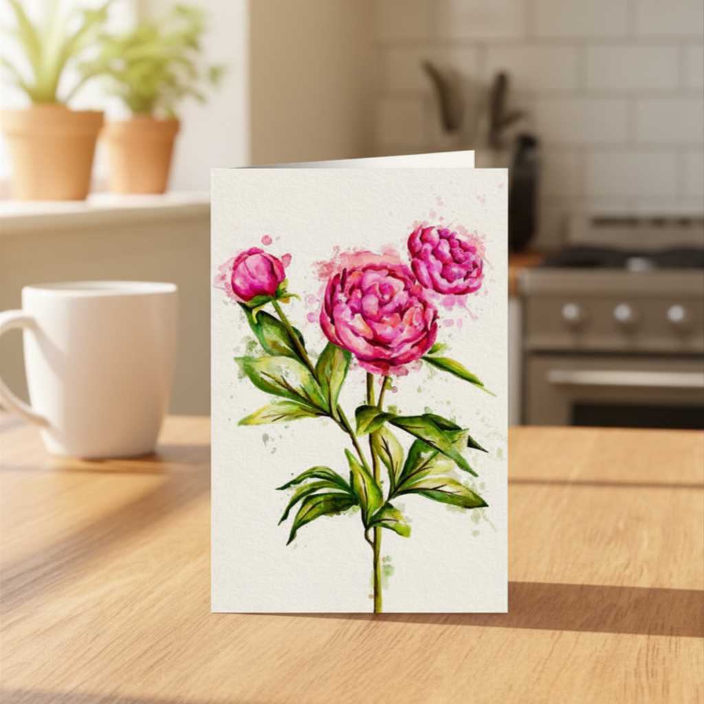 Floral card with pink watercolour flowers on a kitchen counter