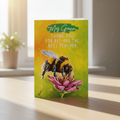 Greeting card with a bee on a flower and text 'Mrs Green Thank you for bee-ing the best teacher' on a yellow background.