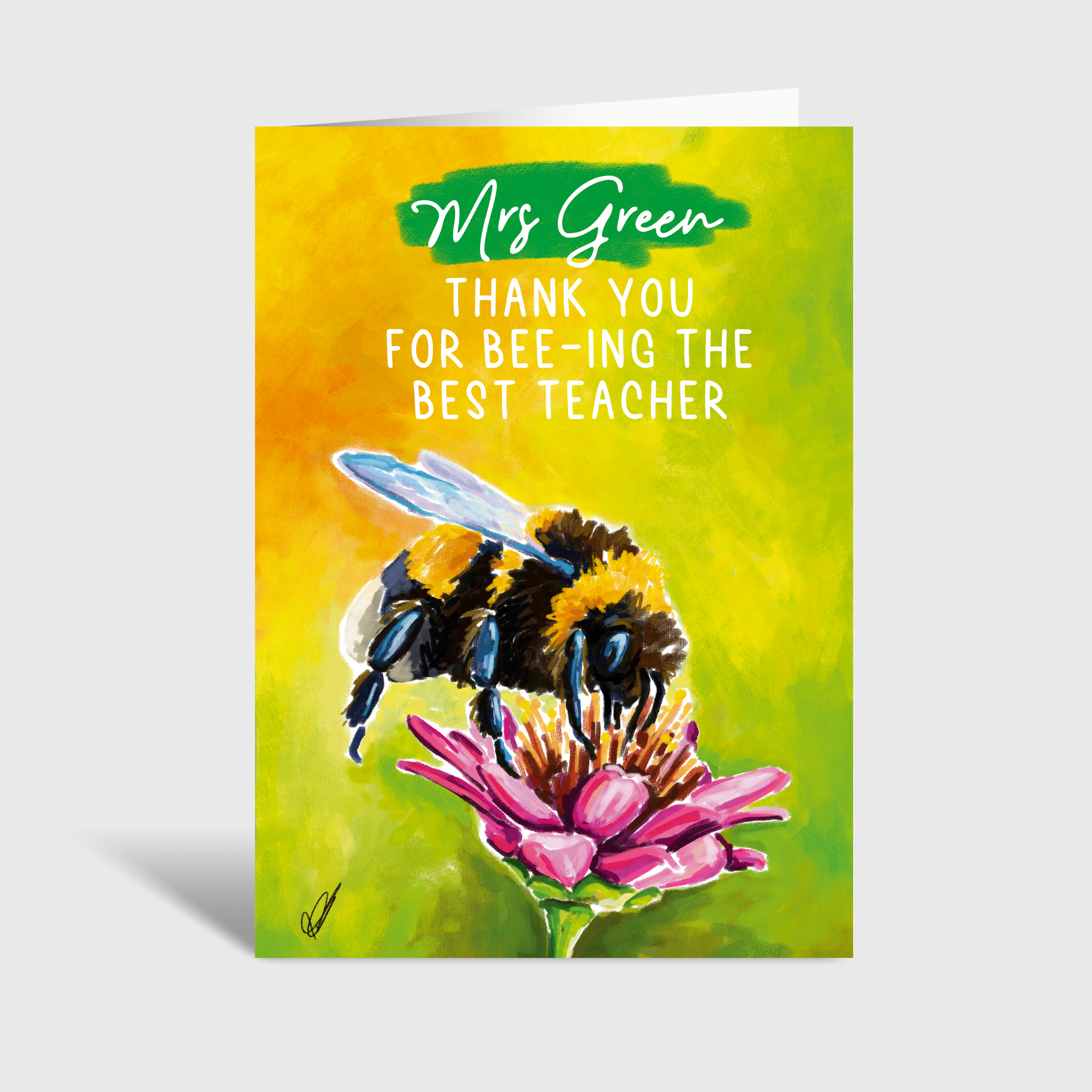 Greeting card with a bee on a flower and text 'Thank you for bee-ing the best teacher' on a yellow and green background.