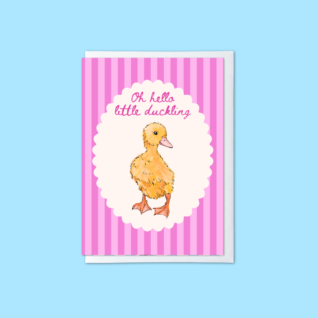 Pink striped new baby card with duckling illustration and ‘oh hello little duckling’ message