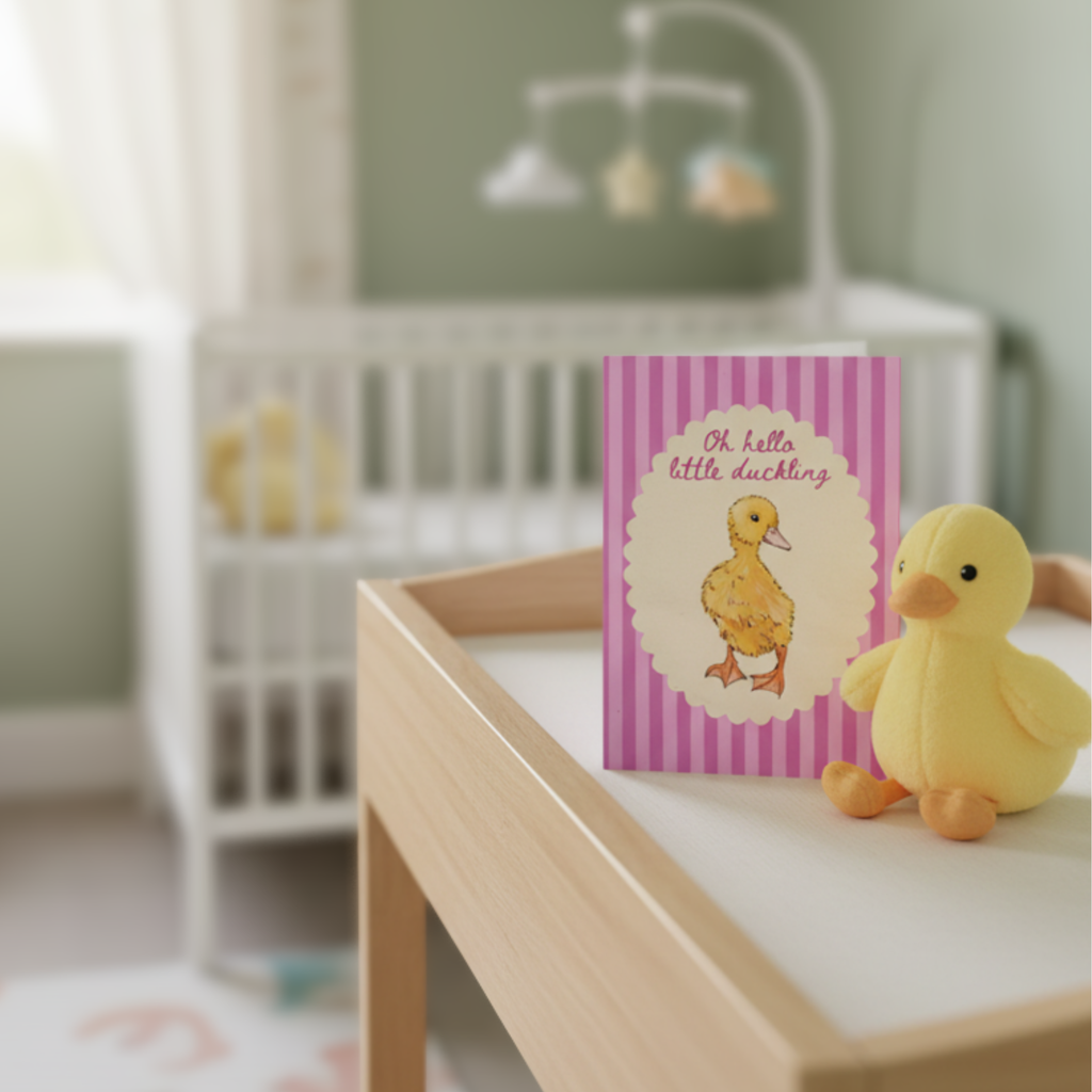 Nursery room with a pink new baby card and plush toy on a changing table