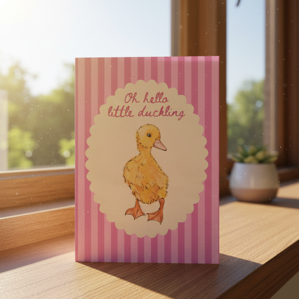 New baby card with a duck illustration and 'Oh hello little duckling' text on a pink striped background, placed on a wooden surface with a window in the background.
