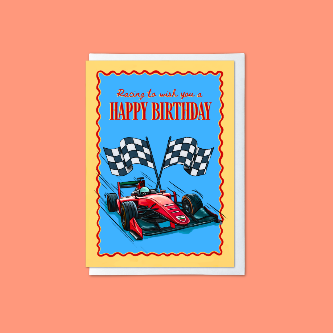 blue and yellow greeting card with race car and flags illustration with ‘racing to wish you a happy birthday’ message on an orange background