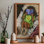 Framed art print of a cosy girl reading in bed with 'I’d rather be reading' text, displayed on a neutral background