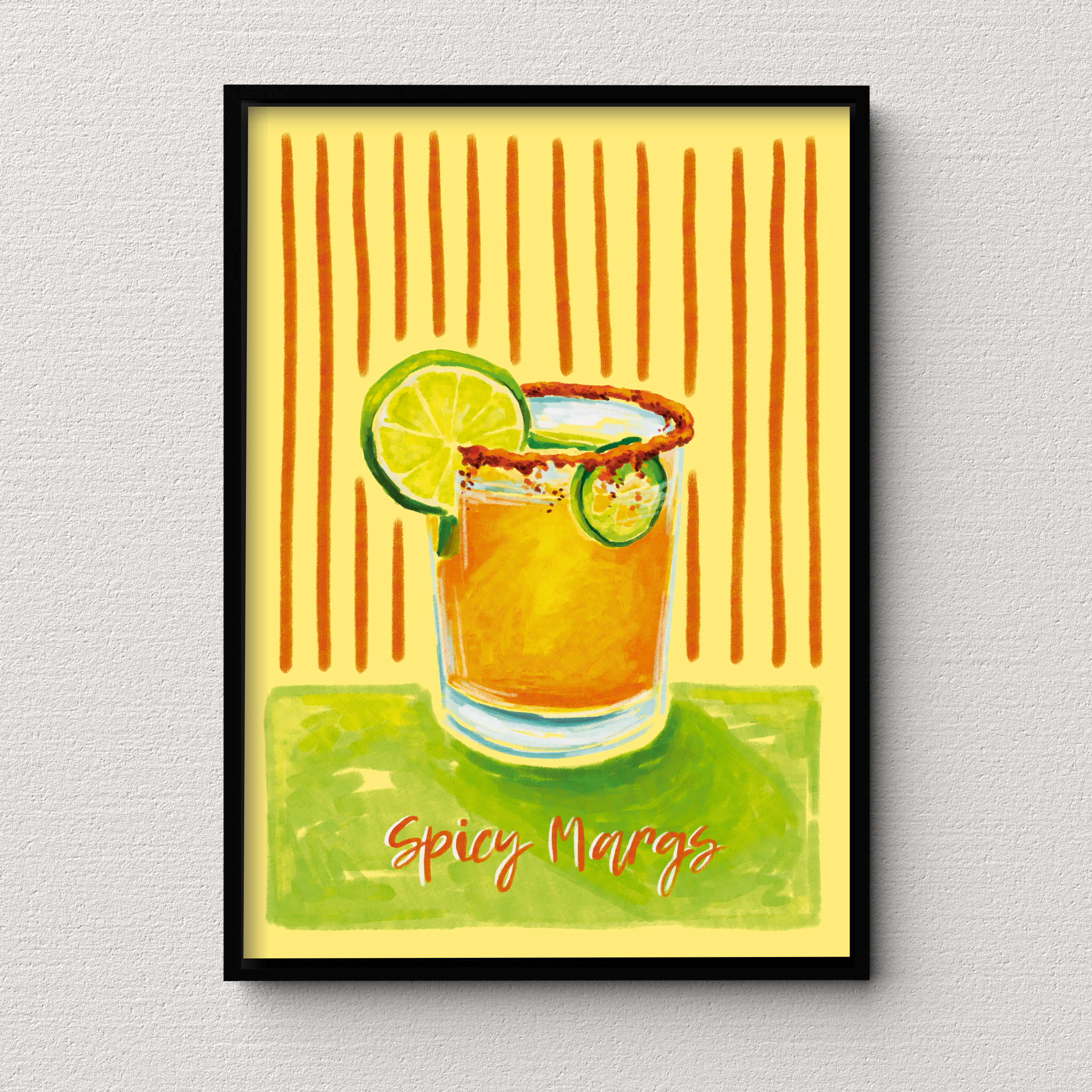 Framed artwork of a cocktail with lime slices on a yellow background