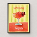 Framed artwork of a strawberry daiquiri with a glass and strawberry on a striped background.