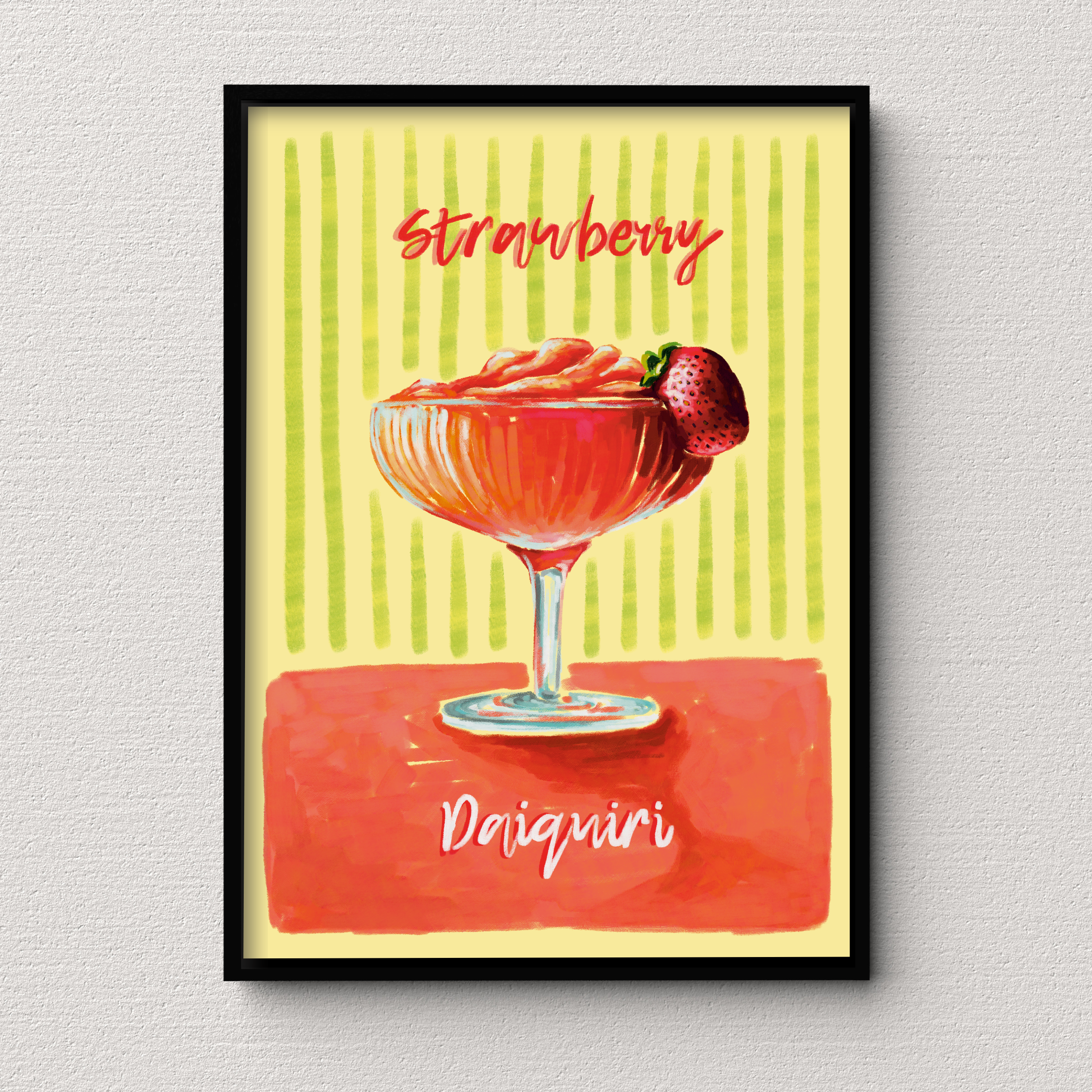 Framed artwork of a strawberry daiquiri with a glass and strawberry on a striped background.