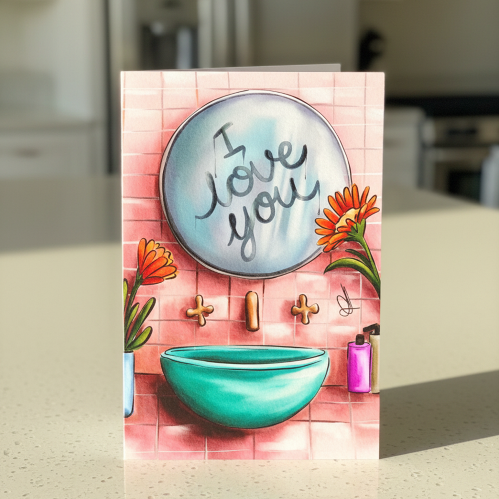 Greeting card with 'I love you' message written in a steamed bathroom mirror, placed on a kitchen counter.
